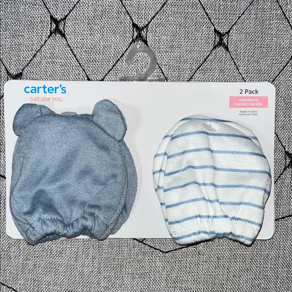NWT Carter's Newborn Baby Mittens 2-Pack - Blue and White Stripes